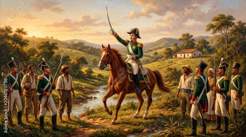 Historical scene of a mounted cavalry officer leading a colonial army