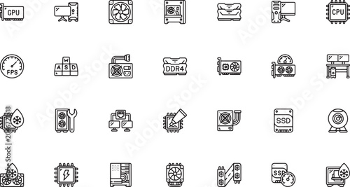 Gaming PC Hardware and Computer Components Line Icon Collection