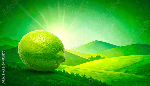 Fresh lime fruit glowing with sunbeams in a vibrant green landscape, symbolizing health and nature