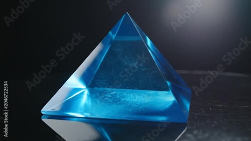 Glowing blue crystal pyramid on dark reflective background