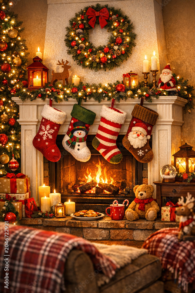 Fototapeta premium Cozy Christmas Fireplace Decoration