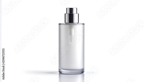 Frosted glass bottle with silver pump dispenser, isolated on white, cosmetic packaging, skincare product mockup