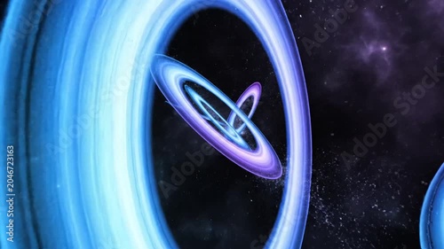 Glowing blue neon rings in dark outer space background.