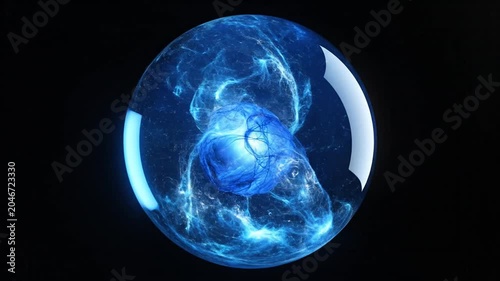 Glowing blue sphere with swirling internal energy on black background