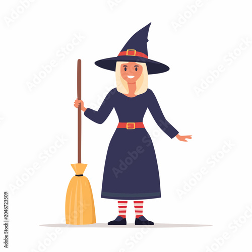 Cartoon Witch Holding a Broomstick