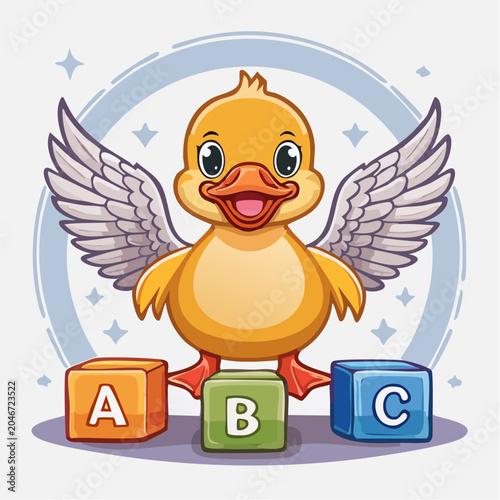 Cute cartoon duckling with wings and alphabet blocks