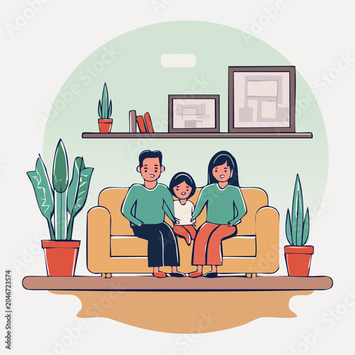 Happy family sitting together on a sofa in a living room