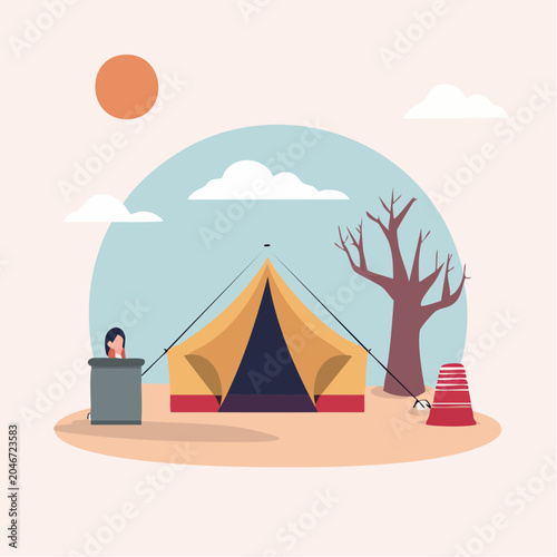 Illustration of a campsite with a tent, person, and dry tree