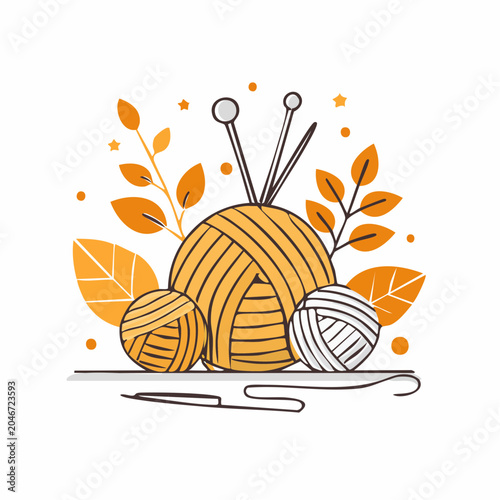 Illustration of yarn balls and knitting needles with autumn leaves