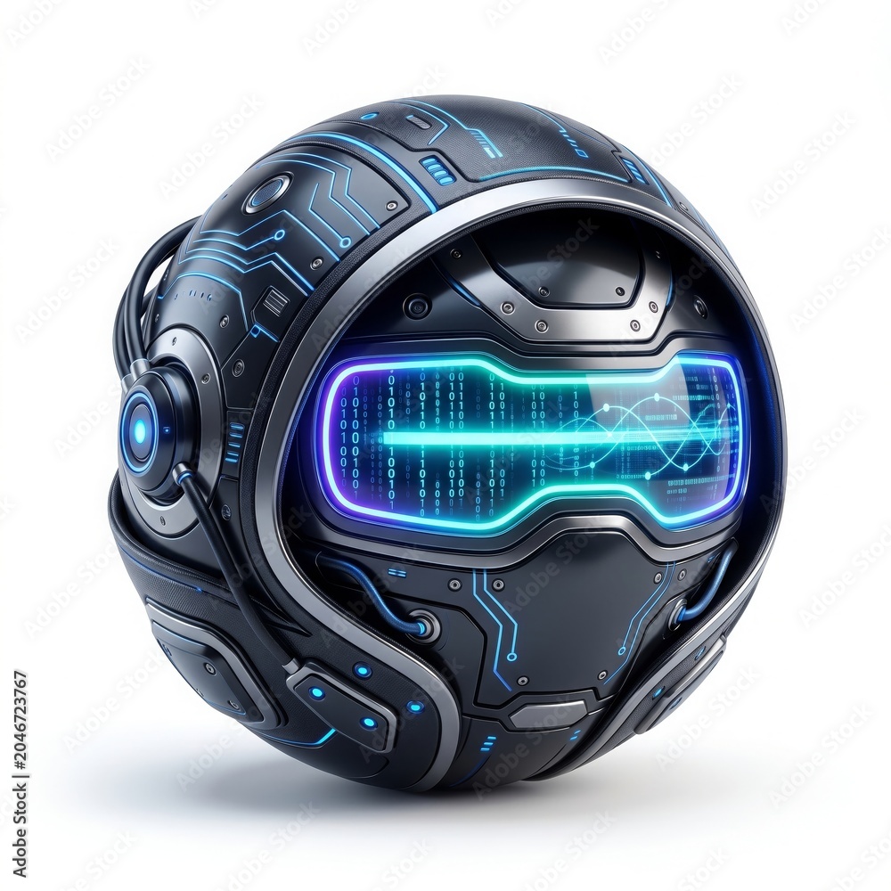 Fototapeta premium Futuristic black helmet with blue neon lights on isolated white background
