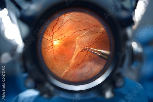 Retinal microsurgery POV — surgeon operating microscope view of eye surgery with precision instruments

