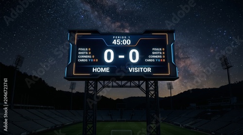 Scoreboard displaying 00 at a soccer stadium under a starry night sky with empty seats