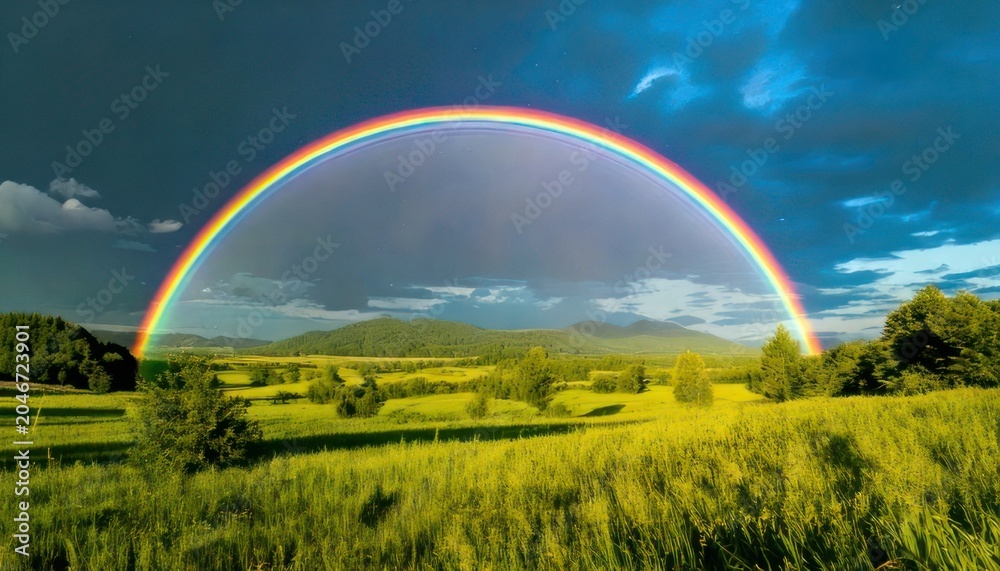 Fototapeta premium Vibrant Rainbow Arches Over Lush Green Field After the Rain.