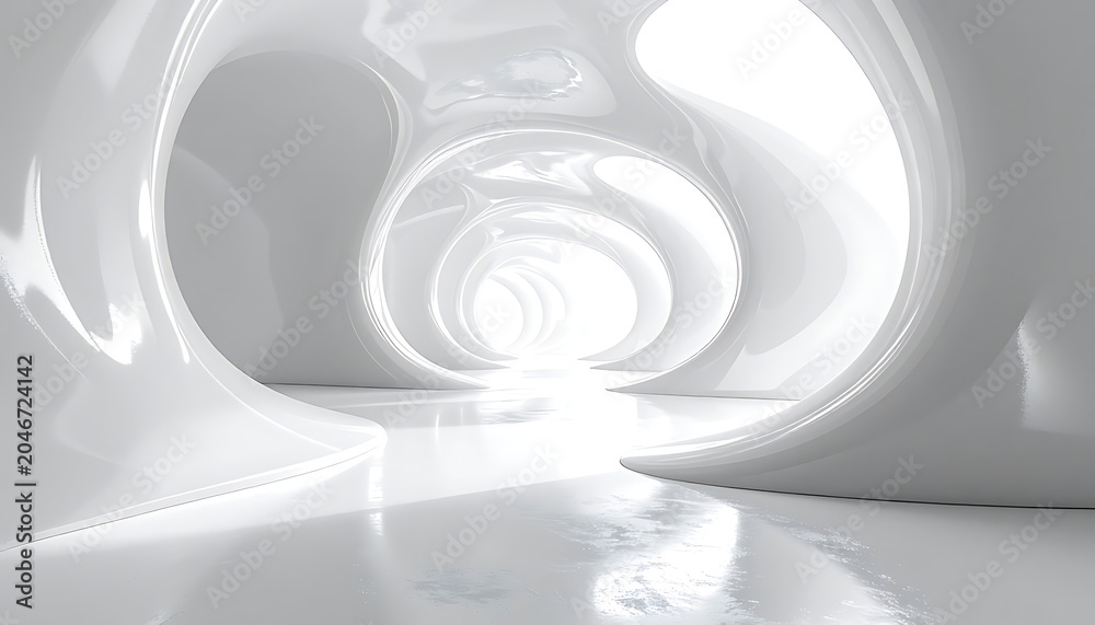 Fototapeta premium futuristic white corridor interior, smooth organic shapes, bright lighting, sci-fi architecture, clean design