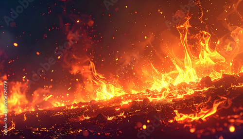 Fiery explosion of glowing embers and bright orange flames, dynamic heat and energy, smoke and sparks against a dark background