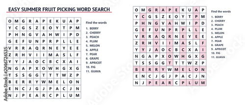 Easy Summer Fruit Picking Word Search Puzzle for Kids with Answers