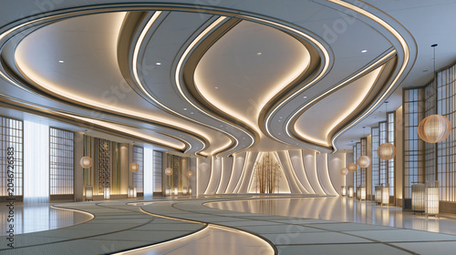Futuristic Japanese Luxury Hall Interior with Flowing Ceiling Lights and Shoji Design