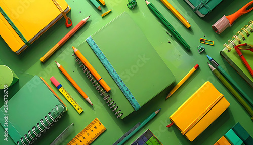 Flat lay of colorful stationery and art supplies, notebooks, pencils, erasers, and brushes arranged on a green background, school or office supplies