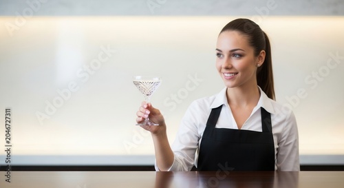 Smiling bartender holding a martini glass with a drink.