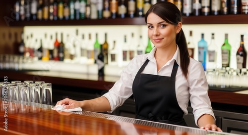 Smiling bartender woman cleaning bar counter in a modern bar.