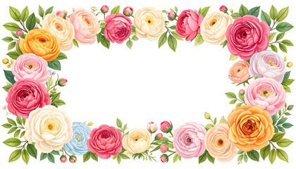Floral frame with colorful roses and green leaves, border design for invitations and greeting cards, soft pastel tones, romantic and elegant