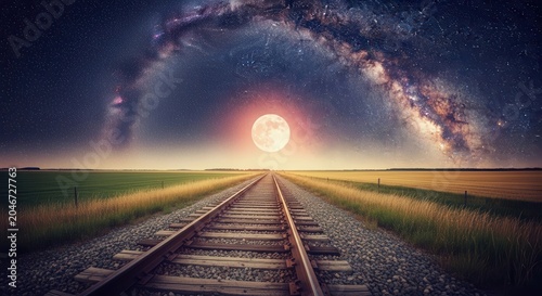 Surreal Night Landscape Featuring Railroad Tracks Under A Full Moon And Milky Way Galaxy.