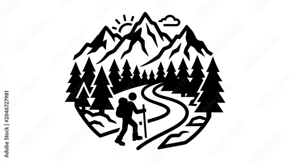 Fototapeta premium Hiker walking on a winding trail through a forest towards mountains at sunrise