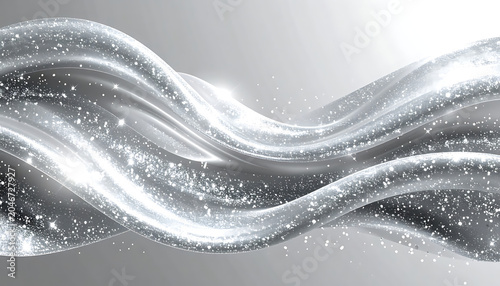 Flowing silver liquid silk wave with sparkling glitter particles on a gray gradient background, elegant abstract motion