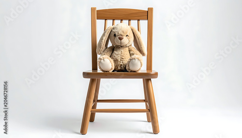 Fluffy stuffed bunny sits on a wooden chair, isolated on a plain white background, conveying innocence and childhood comfort.