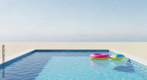 Swimming pool with inflatable rings overlooking a sunny beach.