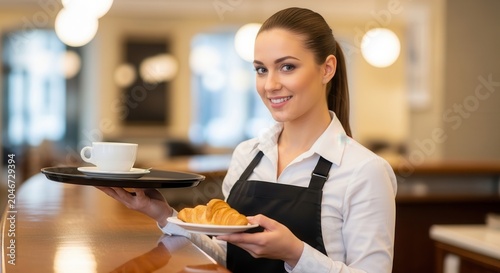 Smiling waitress holding a tray with coffee and pastries in a cafe.