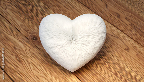 Fluffy white heart-shaped pillow resting on a textured wooden surface, creating a cozy and warm atmosphere