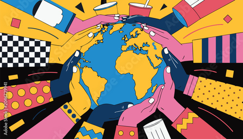 Tableau sur toile Diverse hands holding the earth together in a colorful illustration