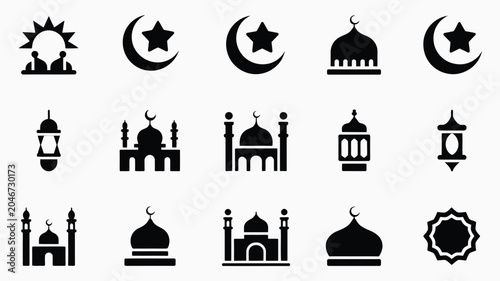 Tablou pe pânză Mosque building icons and crescent moon shapes for ramadan and eid religious greeting cards