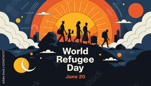 Bilde på lerret Silhouettes of refugees walking together during a bright orange sunset