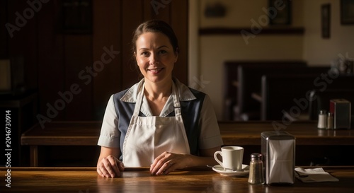 Smiling waitress in uniform standing behind a diner counter with coffee cup.