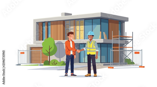 Homeowner Shaking Hands with Construction Worker in Front of Modern House Under Construction, Professional Real Estate Agreement Vector Illustration