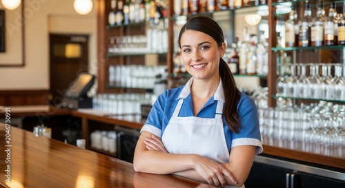 Smiling waitress standing behind a bar with arms crossed in a restaurant.