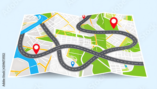 Folded abstract city map with winding road, green parks and red location pins, navigation and planning concept