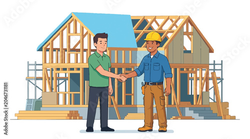 Construction Worker and Homeowner Shaking Hands in Front of House Frame Vector Illustration