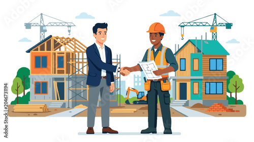 Businessman and Construction Worker Shaking Hands at Housing Development Site Vector Illustration