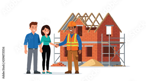 Young Couple Shaking Hands with Builder in Front of New House Under Construction - Real Estate and Home Ownership Concept Flat Vector Illustration