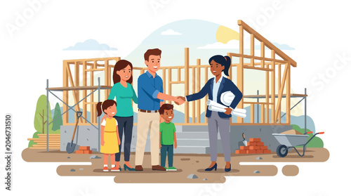 Happy Family Shaking Hands with Architect at New Home Construction Site Vector Illustration