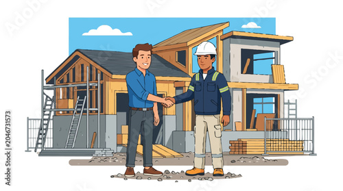 Construction Contractor Shaking Hands with Homeowner in Front of New House Building Site Illustration