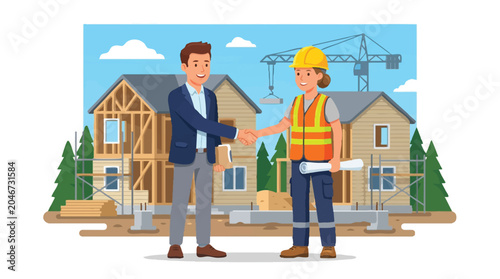 Professional Businessman and Female Engineer Shaking Hands at Construction Site for Residential House Building Project, Real Estate Partnership and Agreement Concept