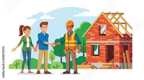 Happy Couple Shaking Hands with Builder in Front of New House Under Construction