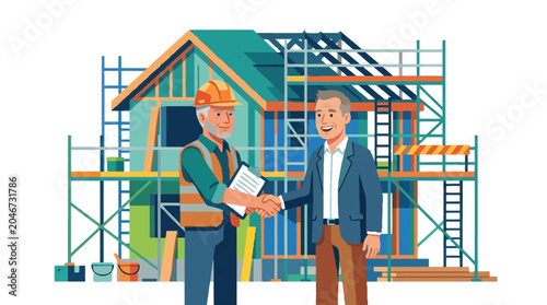 Contractor and Homeowner Handshake in Front of House Construction Site Illustration, Real Estate Project Partnership, Building Renovation Deal Concept