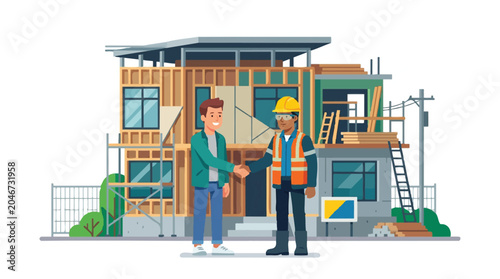 Contractor and Homeowner Shaking Hands in Front of House Under Construction Illustration