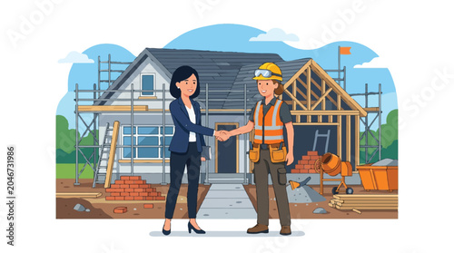Businesswoman and Female Construction Worker Shaking Hands in Front of New House Under Construction, Real Estate Partnership and Contract Agreement Illustration