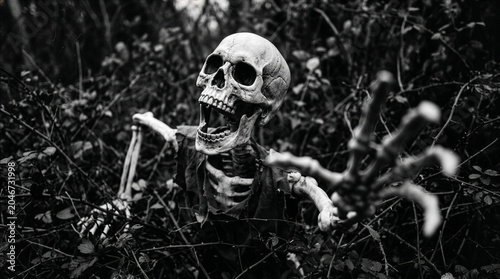 Bild auf Leinwand Scary skeleton emerging from dark thorny bushes reaching out with a skeletal han